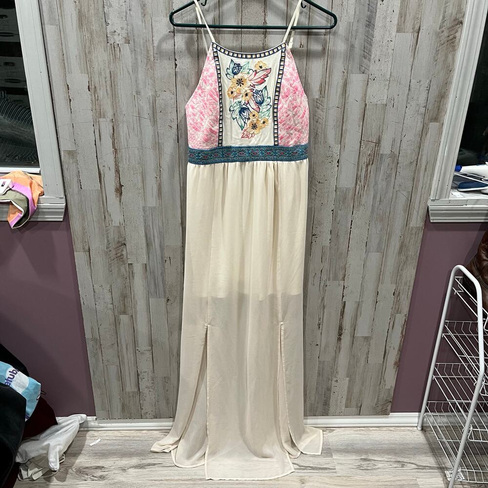 Flying Tomato Cream Floral Embroidered Maxi Dress Slits 2010s Womens Large Boho